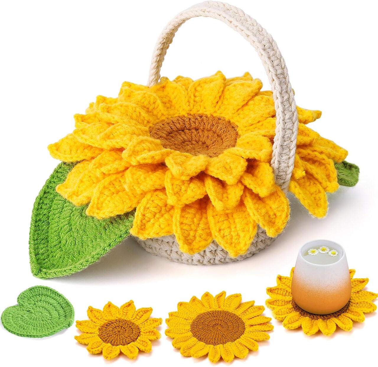 Crochet Kit for Beginners, 5 Pcs Coasters Plant Pot Crochet Start Kit for Adults, Complete Knitting Crochet Supplies with Step-by-Step Instruction, Crochet Hooks, Yarn for DIY Craft Supplies